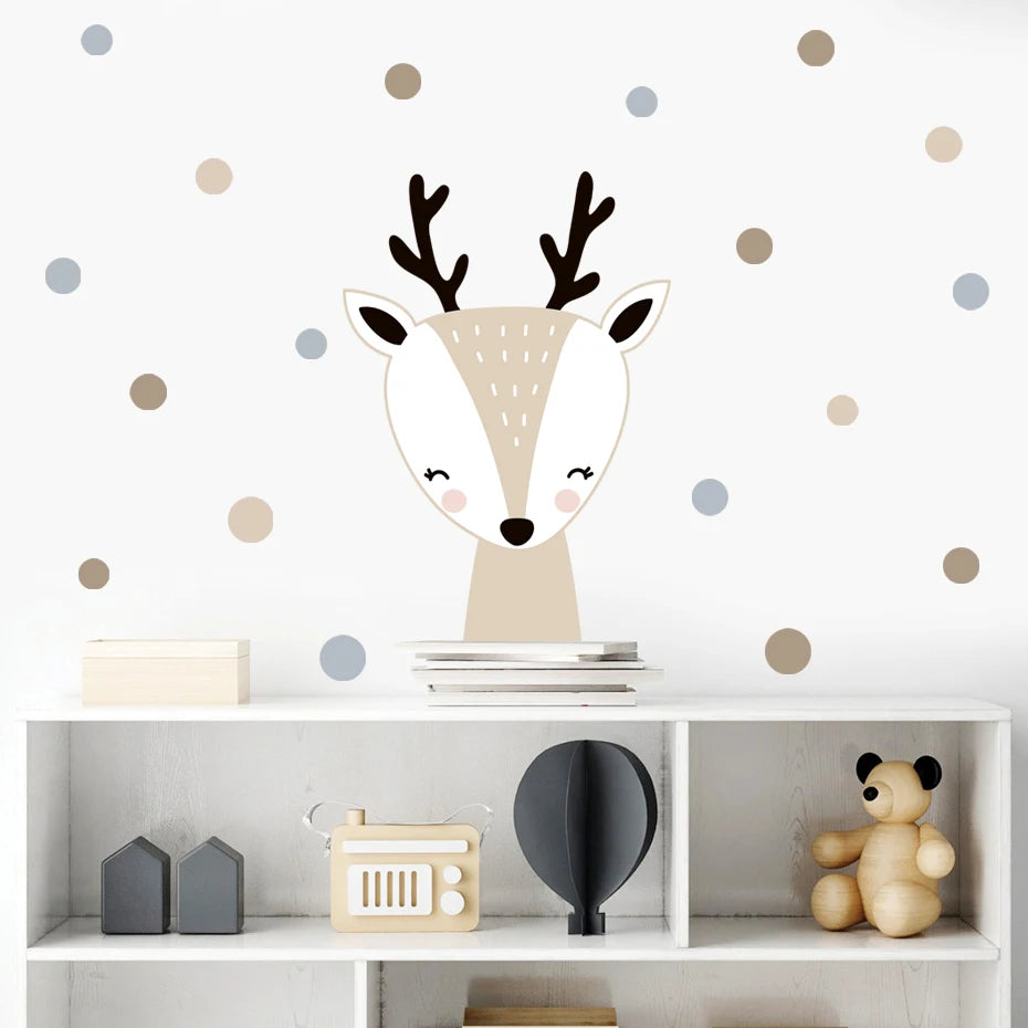Cute Deer Fox Polka Dots Beige Wall Sticker for Children's Nursery