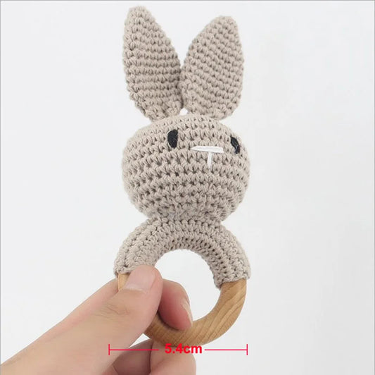 Crochet Wooden Teether Ring Rattle - Deer Brown