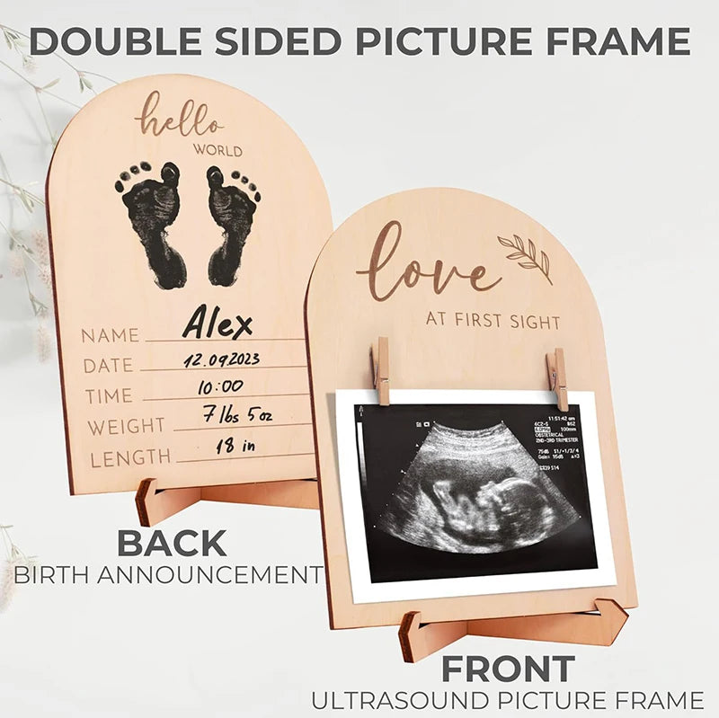 Double-sided picture frame with baby ultrasound and birth announcement details.