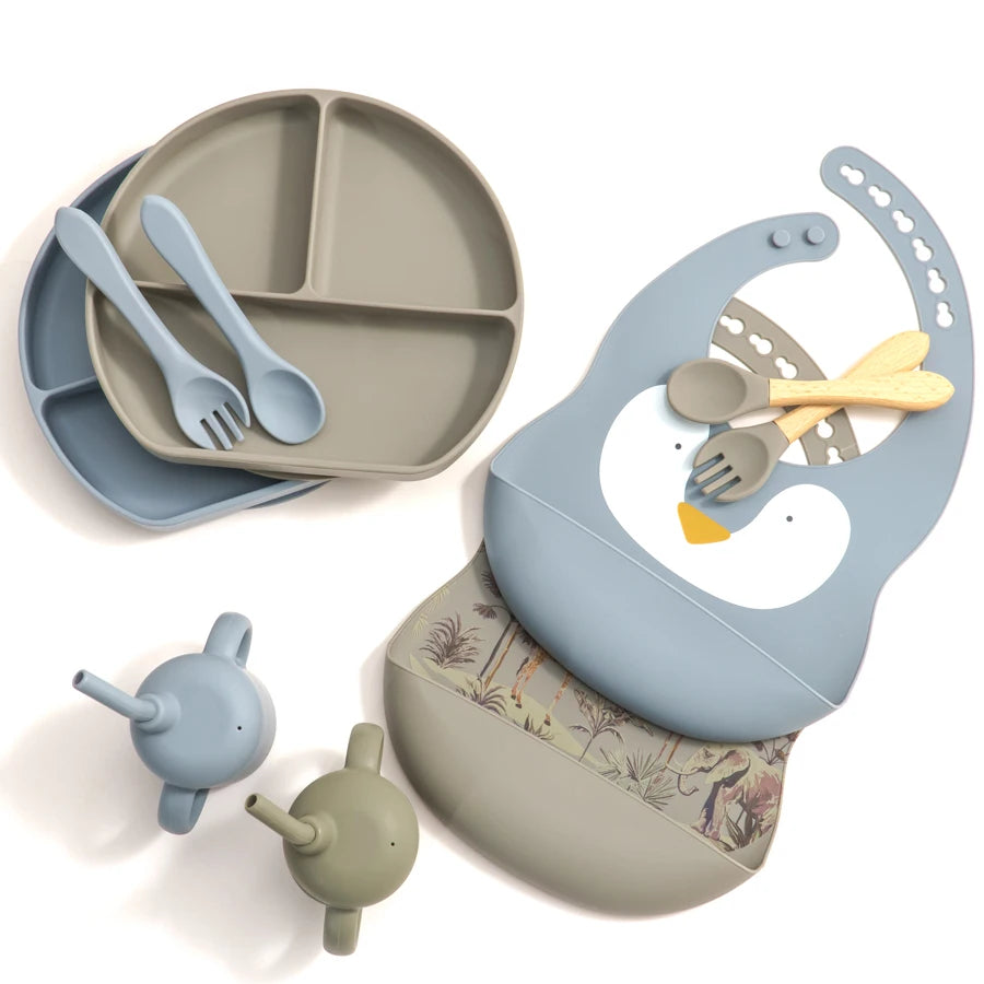 Silicone Baby Feeding Set BPA Free with Waterproof Bibs - Penguin