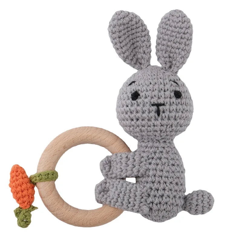 Crochet Wooden Teether Ring Rattle - Bunny with carrot