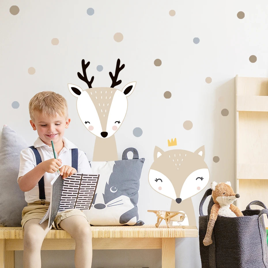 Cute Deer Fox Polka Dots Beige Wall Sticker for Children's Nursery