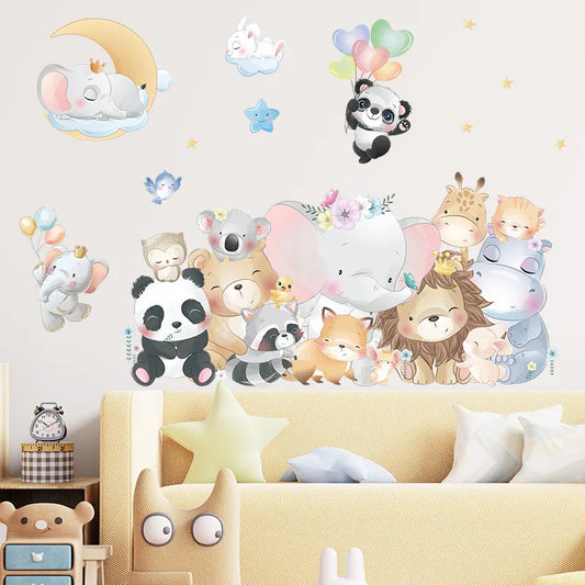 Children's room with cartoon animal wall decals on a light gray wall.