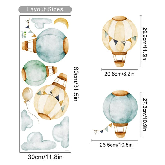 Hot air balloon wall stickers with dimensions on a white background