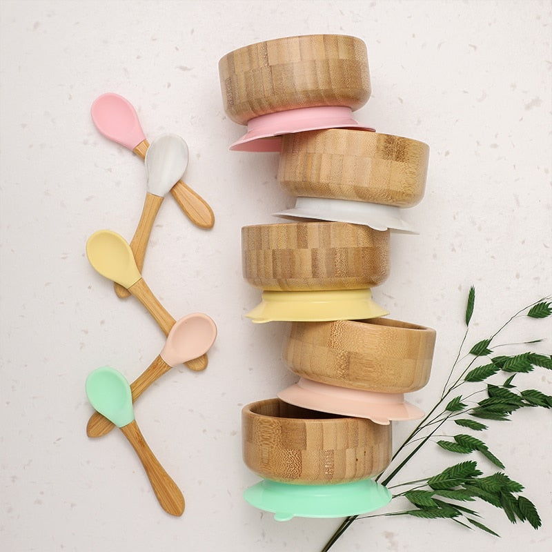 Baby's Bamboo Suction Feeding Bowl with Spoon