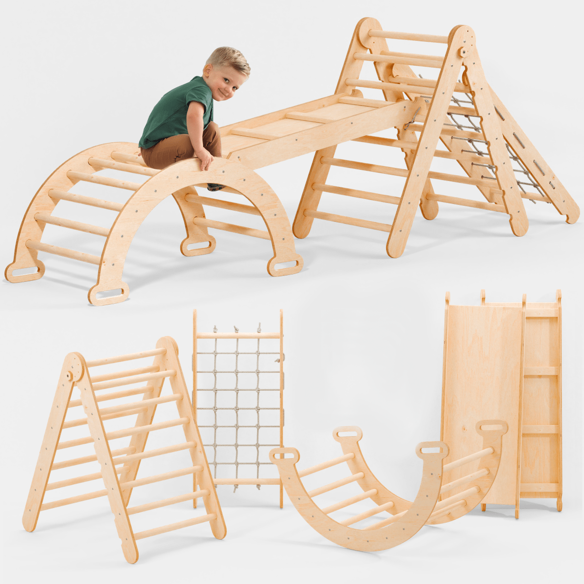 4in1 Montessori Climbing Frame Set: Triangle Ladder + Arch/Rocker + Slide Board/Ramp + Netting rope