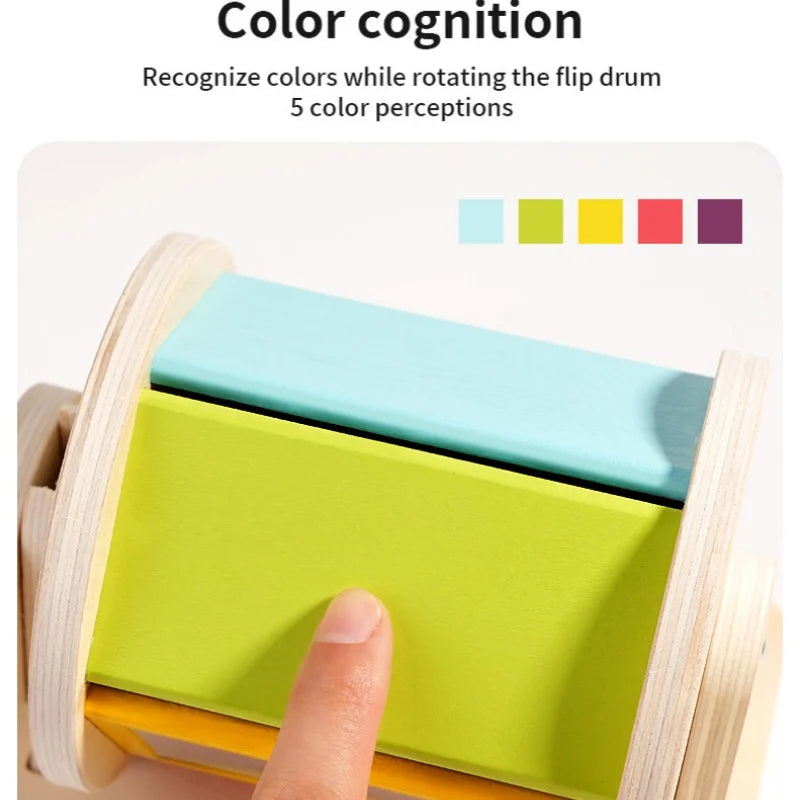 Wooden Montessori Color Rolling Drum Toy with Mirror