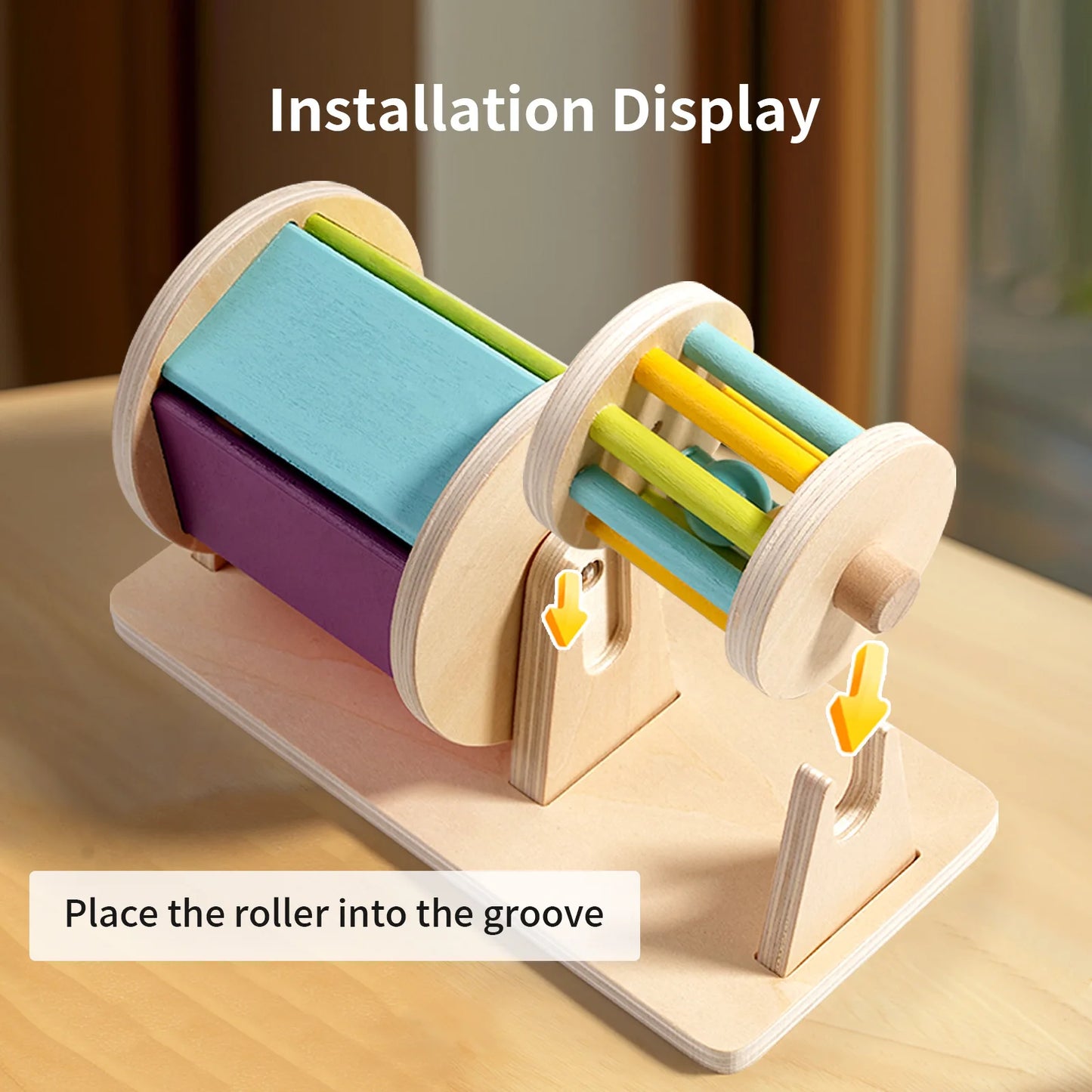 Wooden Montessori Color Rolling Drum Toy with Mirror