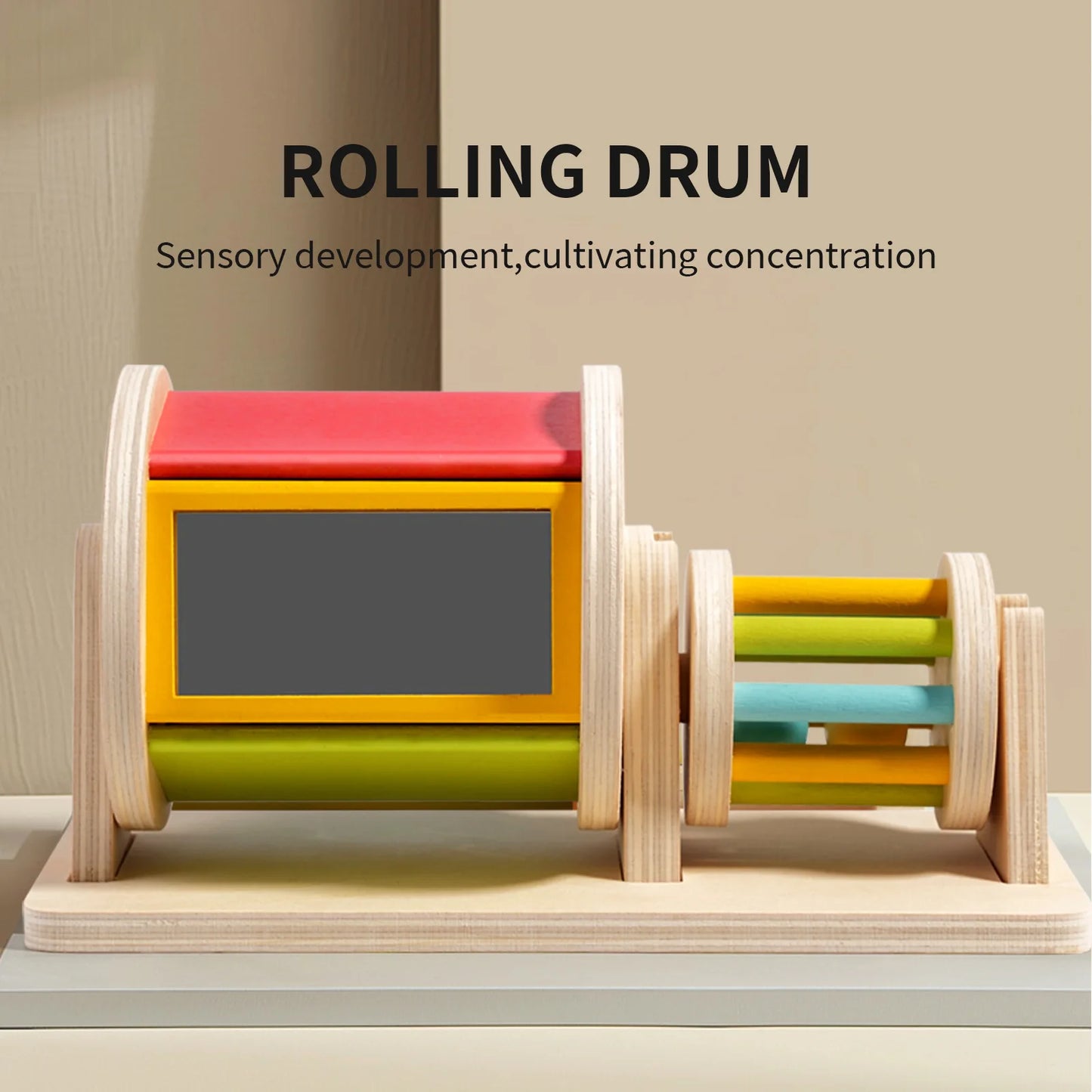 Wooden Montessori Color Rolling Drum Toy with Mirror