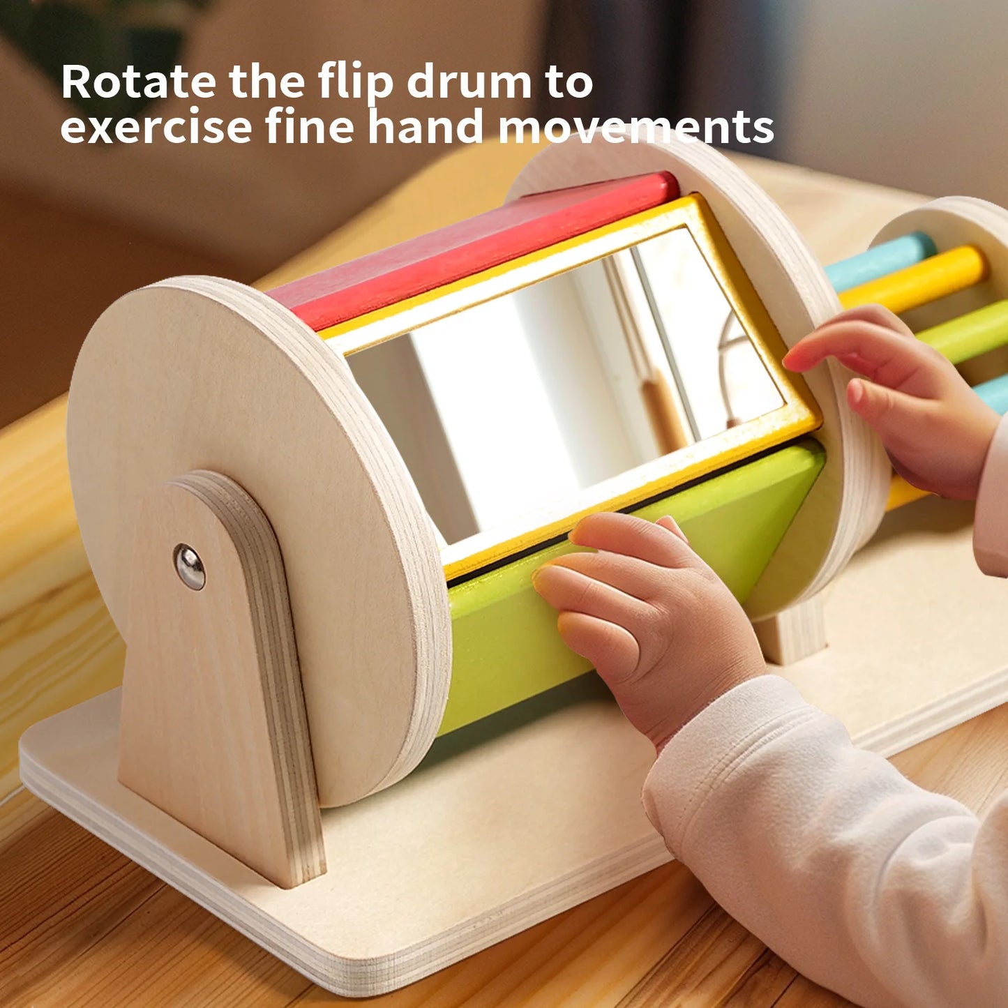 Wooden Montessori Color Rolling Drum Toy with Mirror