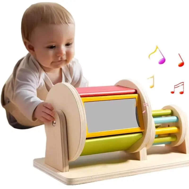 Wooden Montessori Color Rolling Drum Toy with Mirror