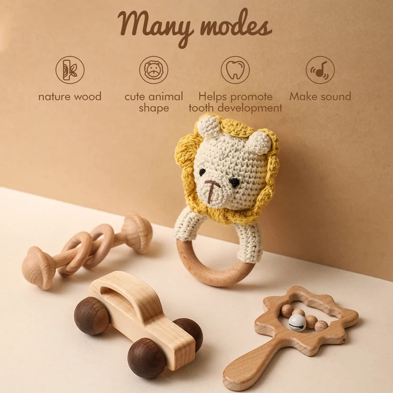 Montessori Wooden Crochet Rattle & Teether Set (4 PCS)