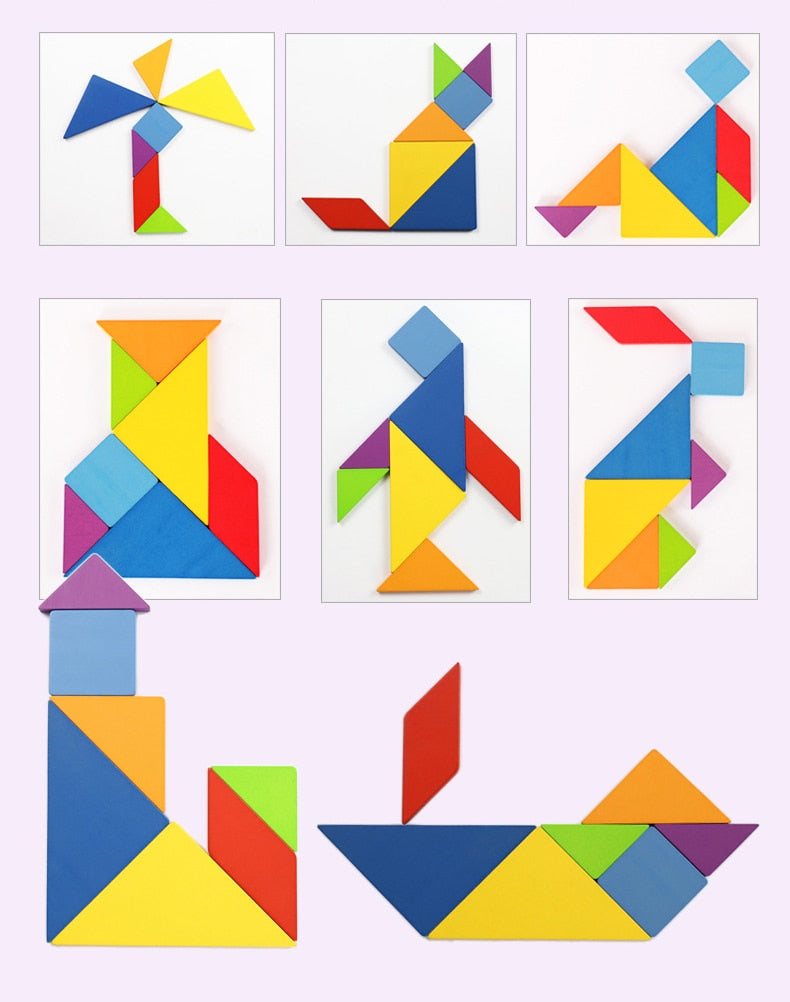 Colorful Wooden Tangram Puzzle in Tin Box