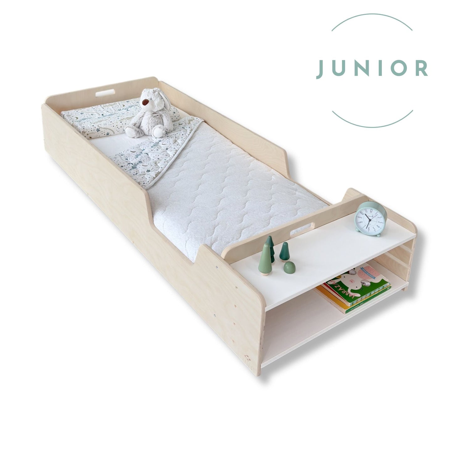 APPLE JUNIOR - Montessori Floor Bed with Rails & Shelves