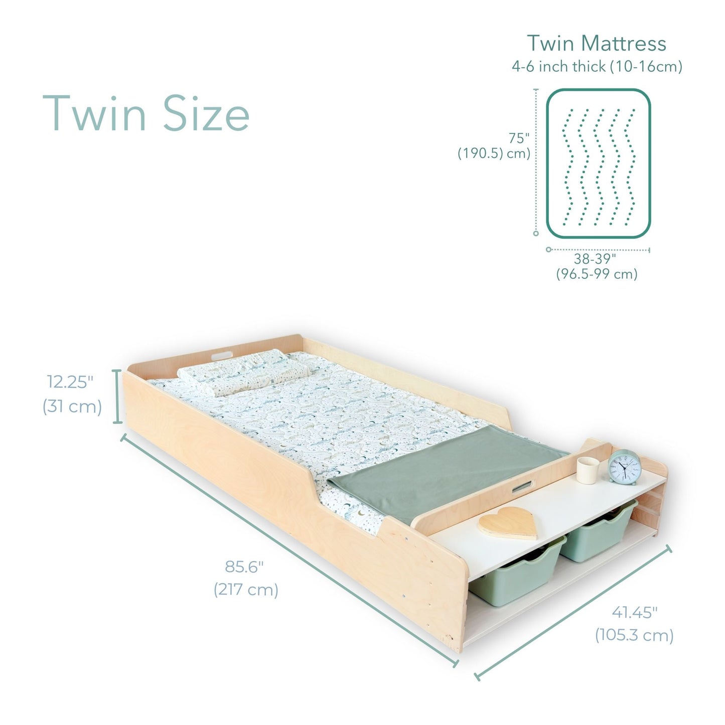 APPLE TWIN - Montessori Floor Bed with Rails & Shelves