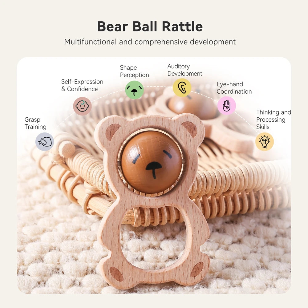 Wooden Baby Rattle Bear Rotating Toy