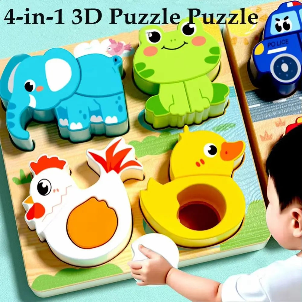 4-in-1 3D Puzzle with animal shapes on a wooden board, child interacting with it.