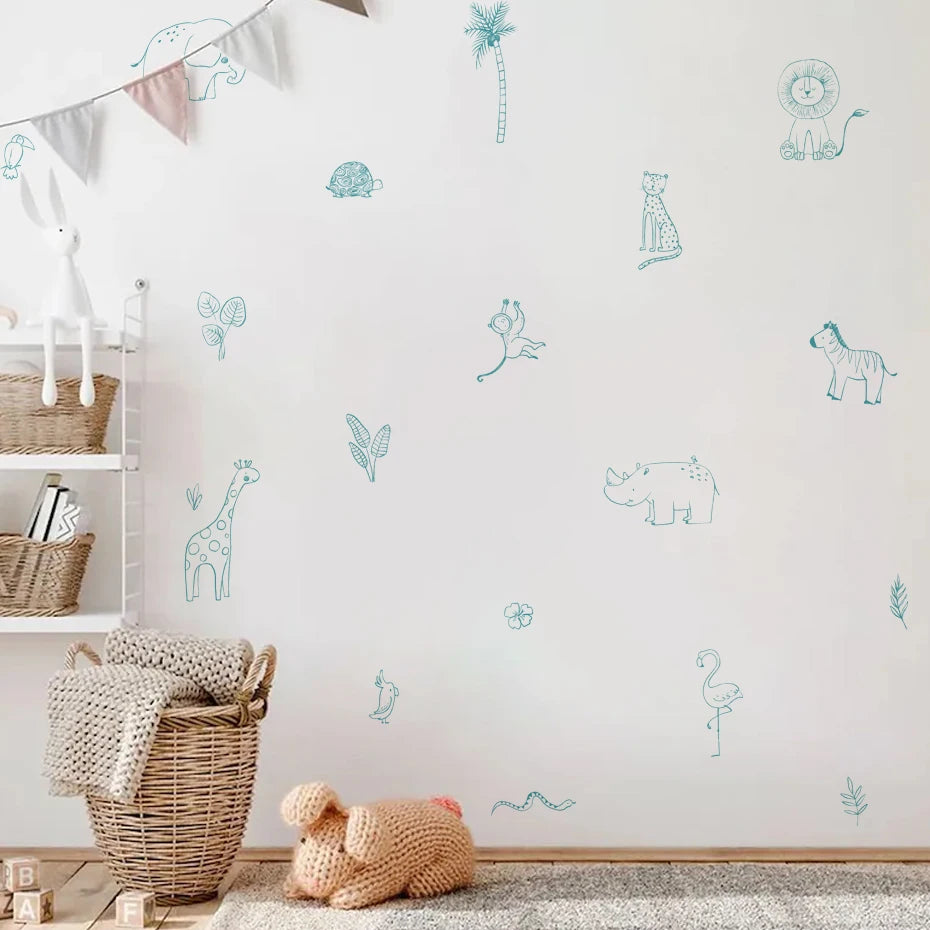 Children's room with animal wall decals on a white wall, wicker basket, and toys.