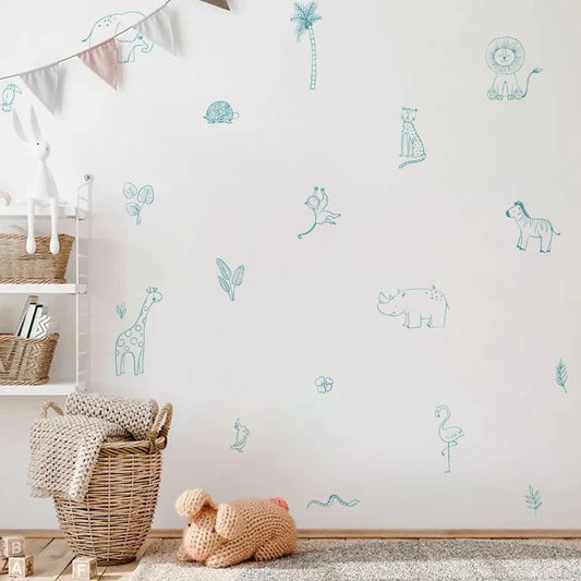 Children's room with animal wall decals on a white wall, wicker basket, and toys.