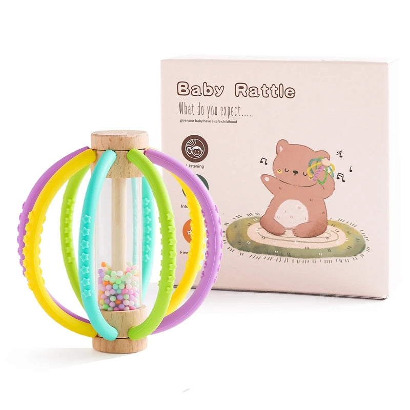 Wooden Baby Rattle with Rain Sound & Silicone Teether