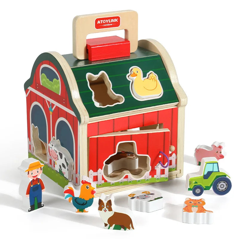 Wooden farm toy set with animals and a barn structure on a white background