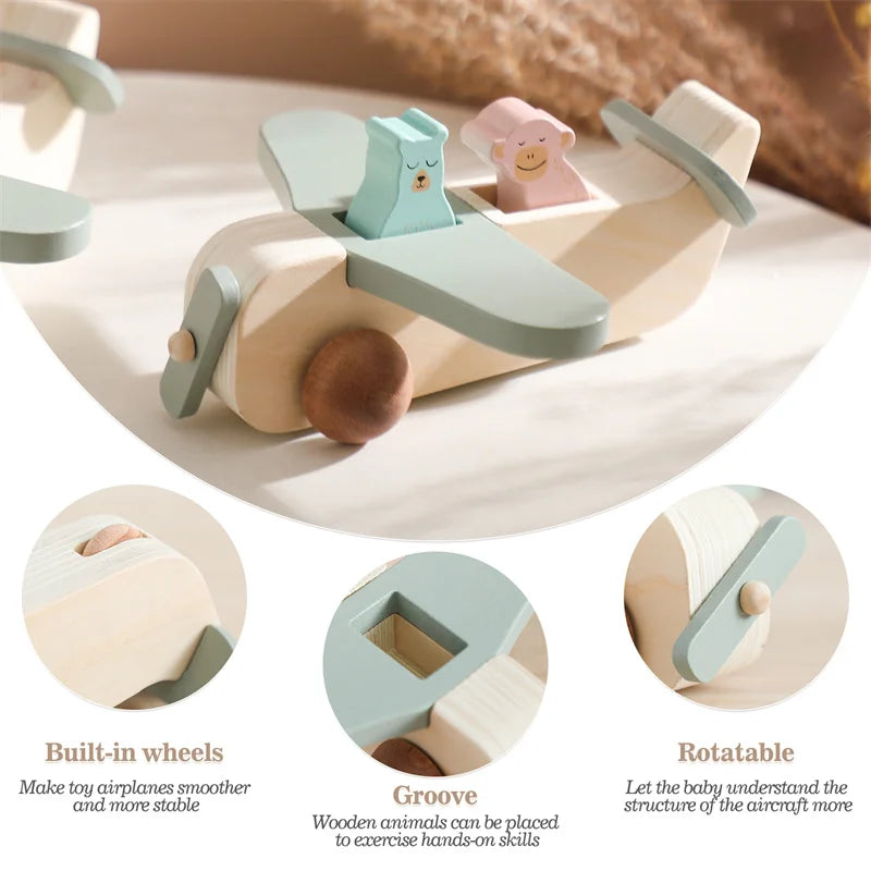 Wooden airplane toy with animals on a white surface, featuring built-in wheels, groove, and rotatability.