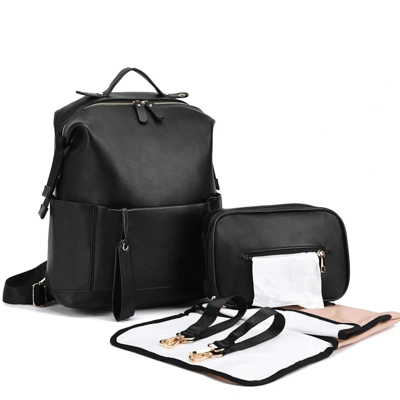 Luxury Leather Diaper Bag Backpack – Large Capacity Travel Bag
