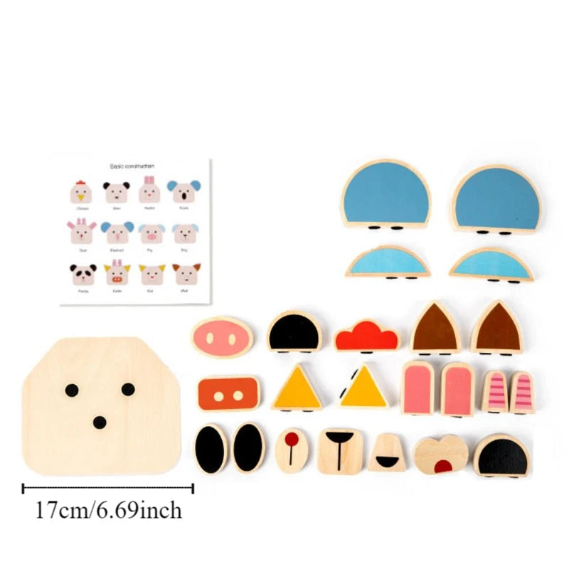 Set of wooden animal-shaped blocks with a size measurement label on a white background