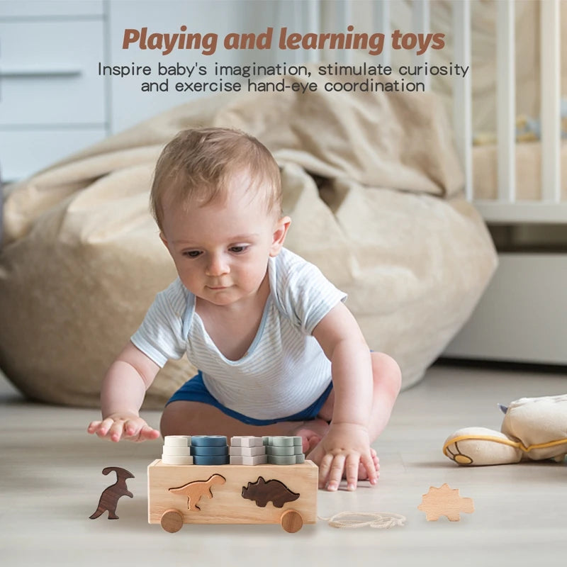 Montessori Wooden Dinosaur Car Toy – Shape Sorting & Stacking Cognitive Game