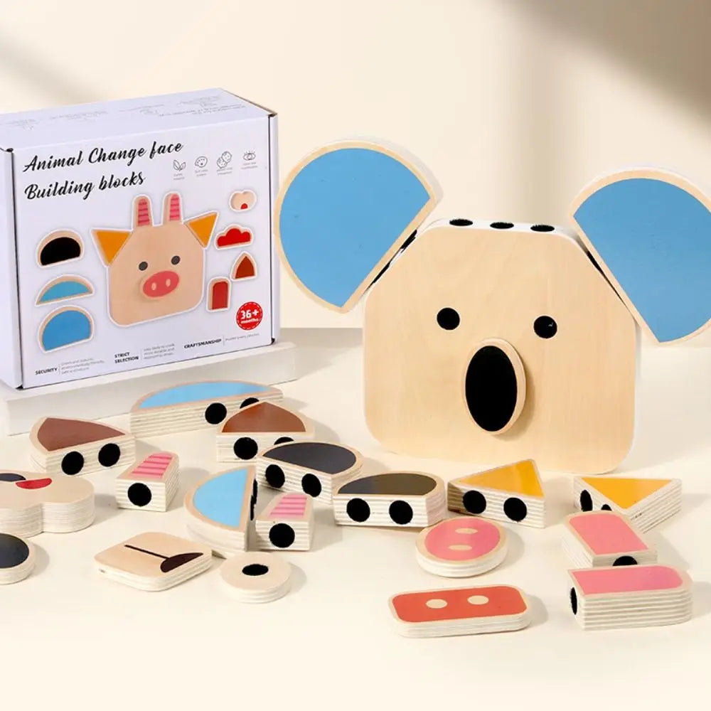 Montessori 3D Animal Puzzle Blocks – Wooden Face Changing & Shape Matching Game