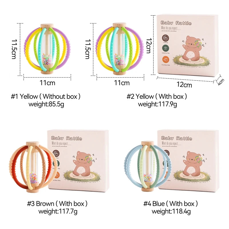 Wooden Baby Rattle with Rain Sound & Silicone Teether