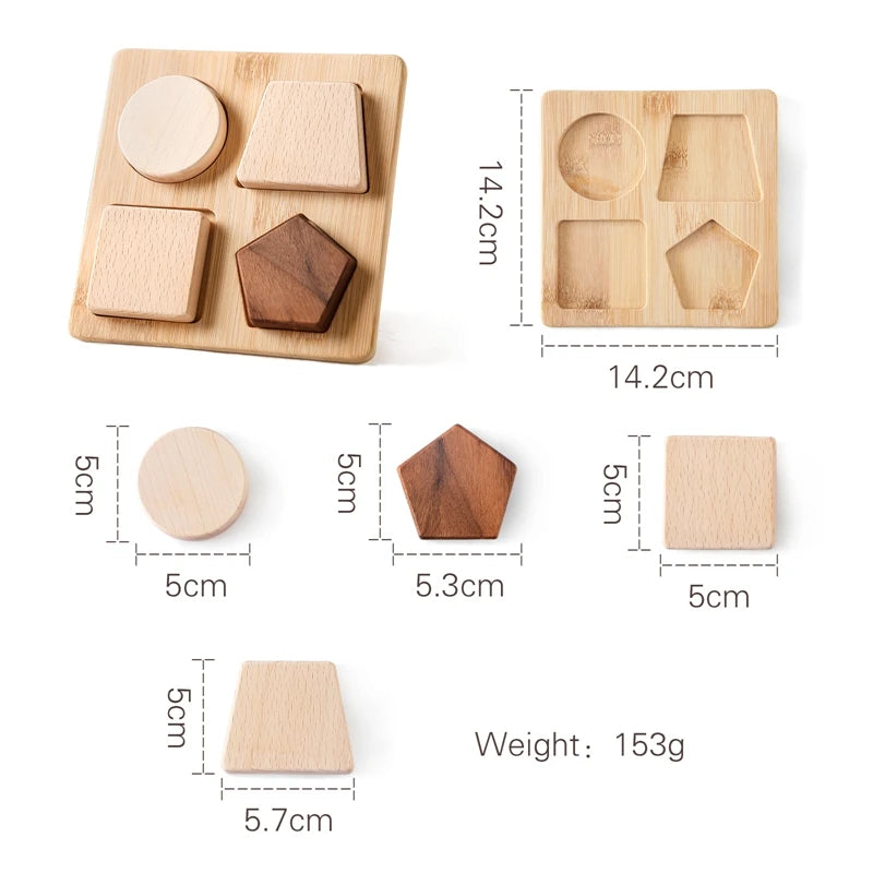 Wooden geometric shapes set with measurements on a white background