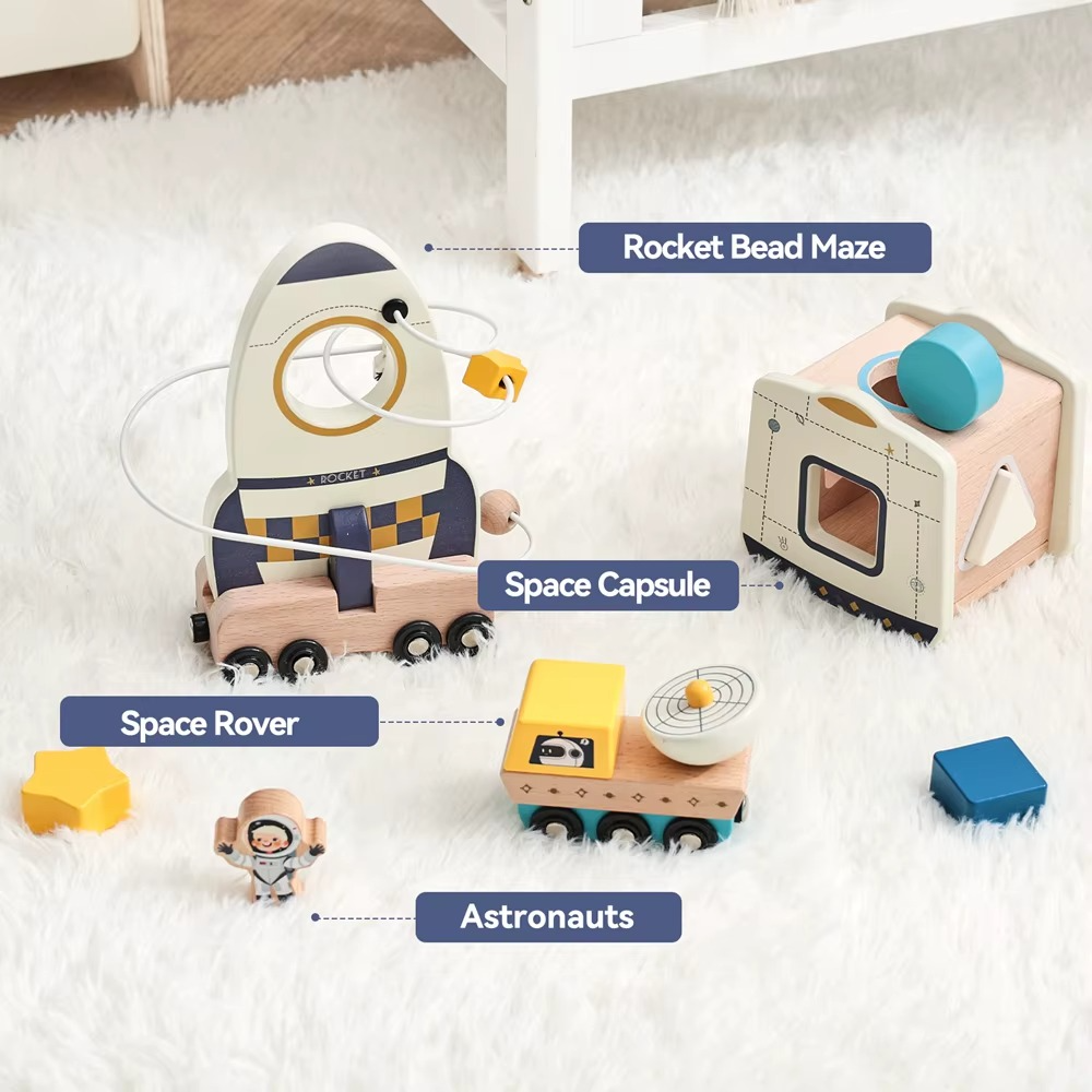 Space Rocket Maze & Space Station Shape Sorter with Magnetic Transporter