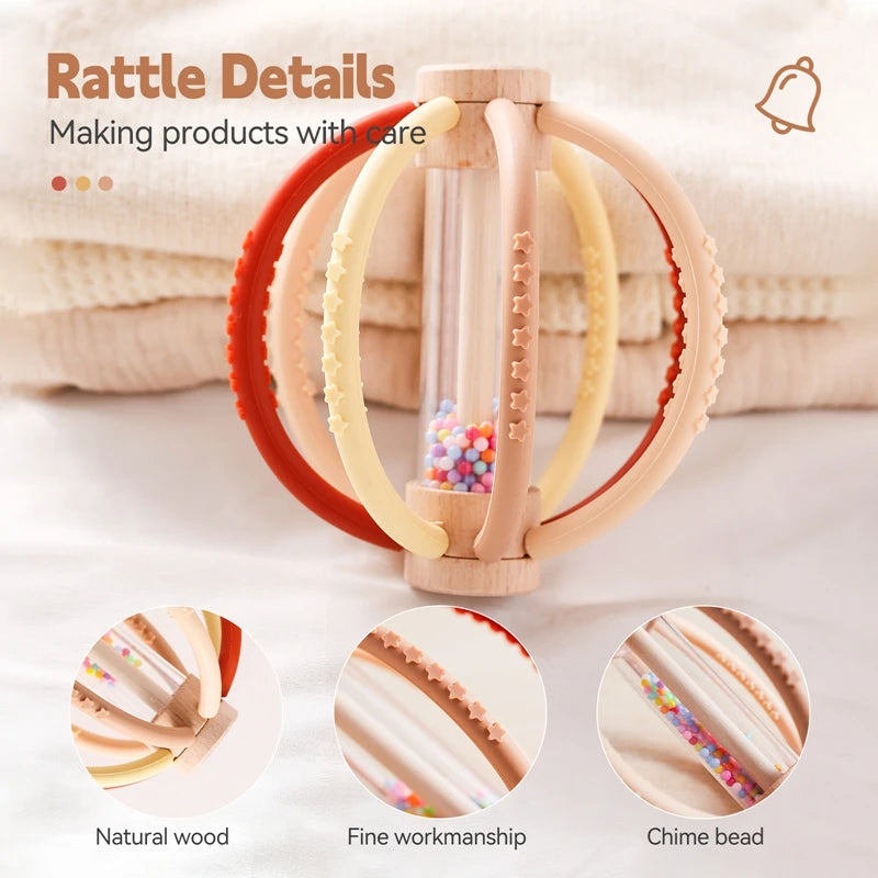 Wooden Baby Rattle with Rain Sound & Silicone Teether