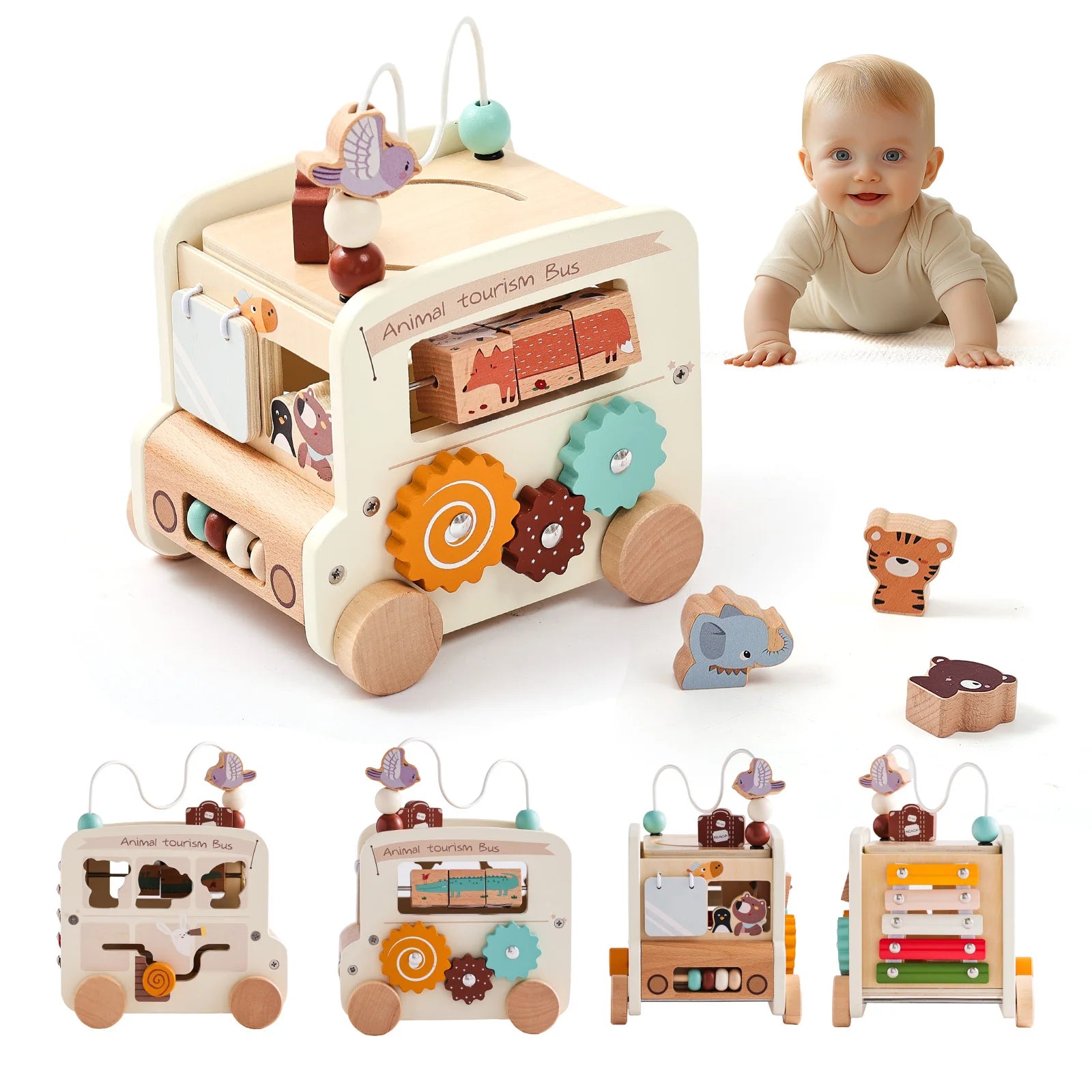 Wooden toy bus with various educational elements and a baby in the background.