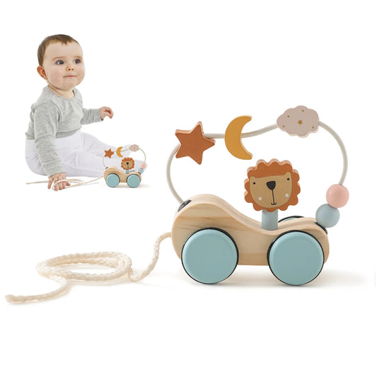 Child playing with a wooden toy on a white background