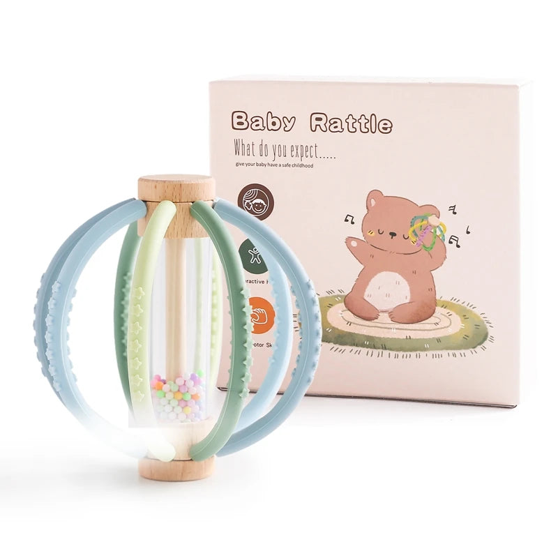 Wooden Baby Rattle with Rain Sound & Silicone Teether