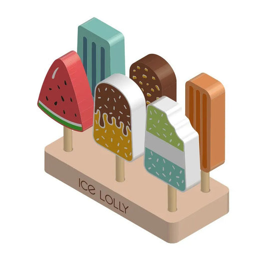Colorful ice lolly-shaped wooden toys on a white background