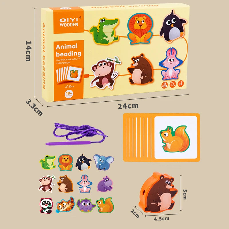 Montessori Wooden Bead Threading Toy - Animals