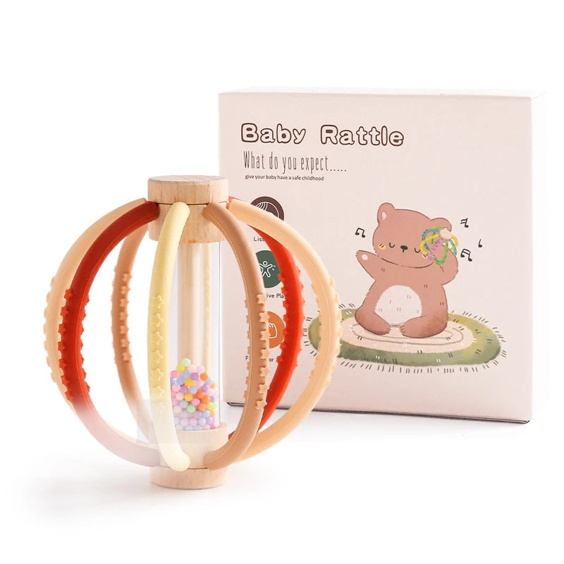 Wooden Baby Rattle with Rain Sound & Silicone Teether