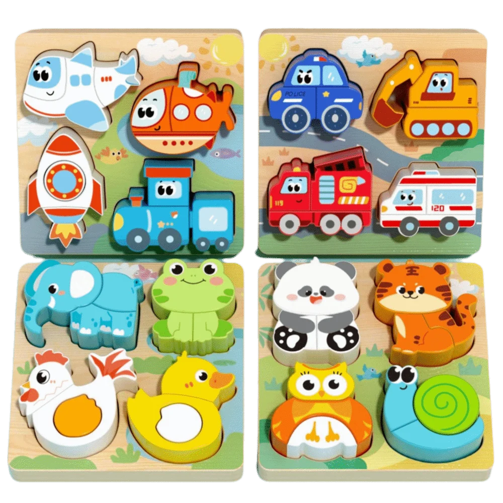 Set of four wooden puzzles with animal, vehicle, and nature-themed figures on a white background.