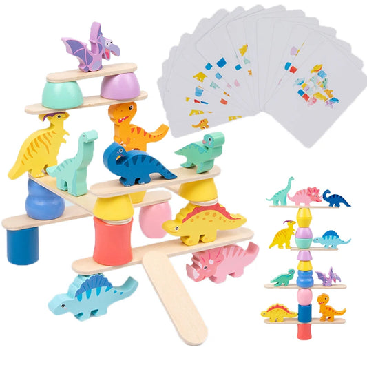 Colorful wooden dinosaur balance toy set with cards on a white background