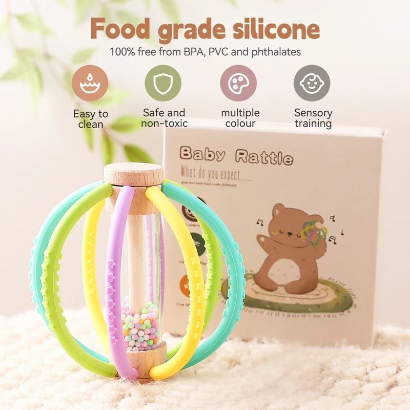 Wooden Baby Rattle with Rain Sound & Silicone Teether