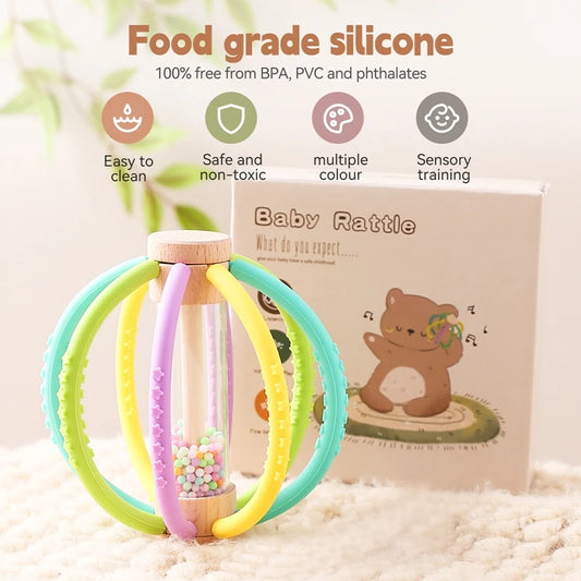 Wooden Baby Rattle with Rain Sound & Silicone Teether