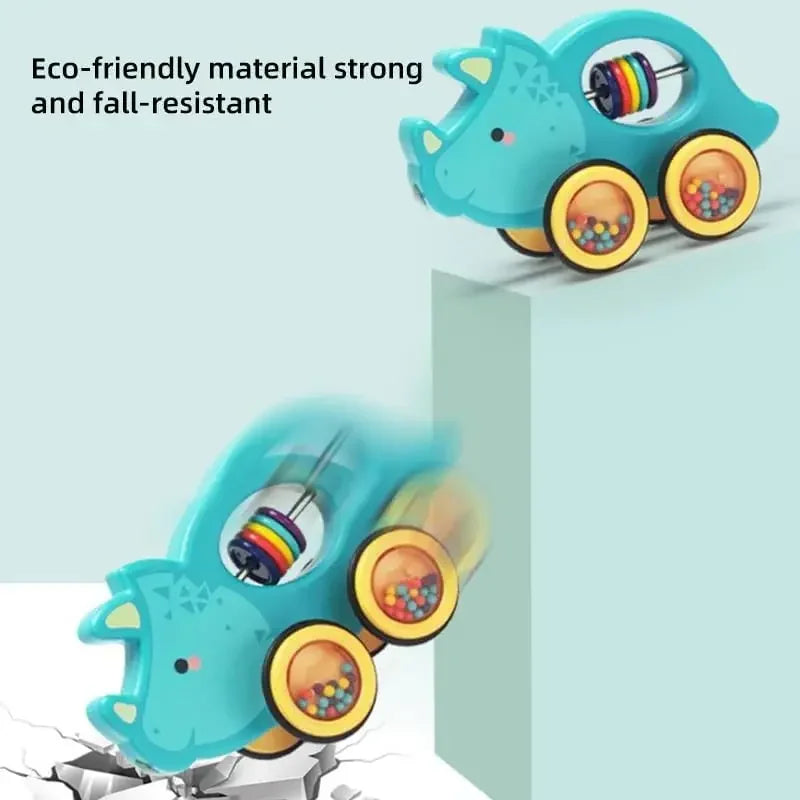 Toy car shaped like a triceratops with eco-friendly material text