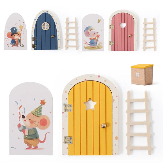 Set of colorful fairy doors with ladders and boxes on a white background