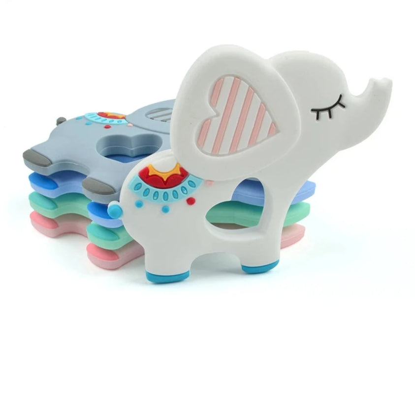 Colorful elephant-shaped teething toy with multiple layers on a white background, featuring the LOFCA brand.