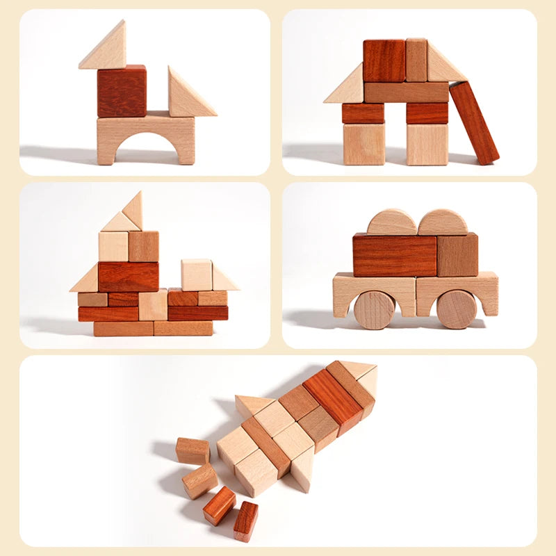 Wooden building blocks arranged to form various shapes on a beige background