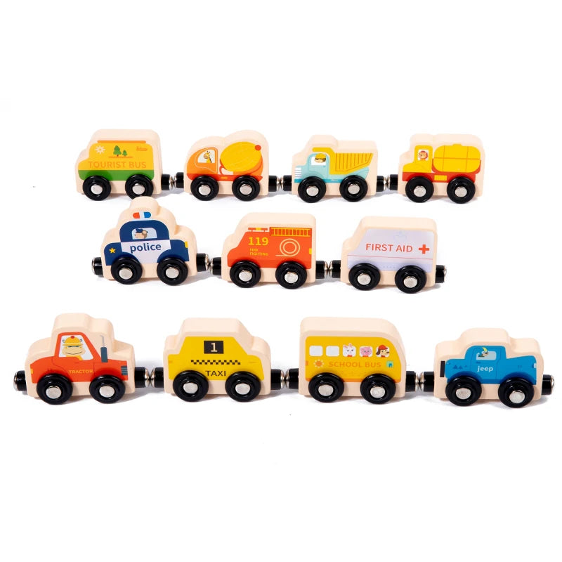 Set of wooden toy vehicles in various colors and shapes on a white background