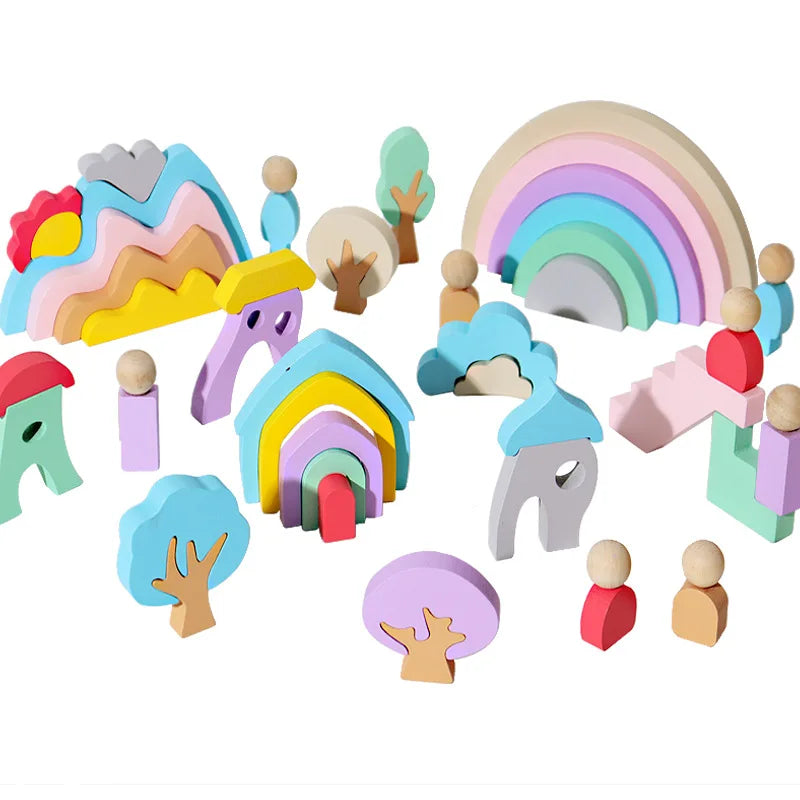 Colorful wooden toy set with various shapes and figures on a white background